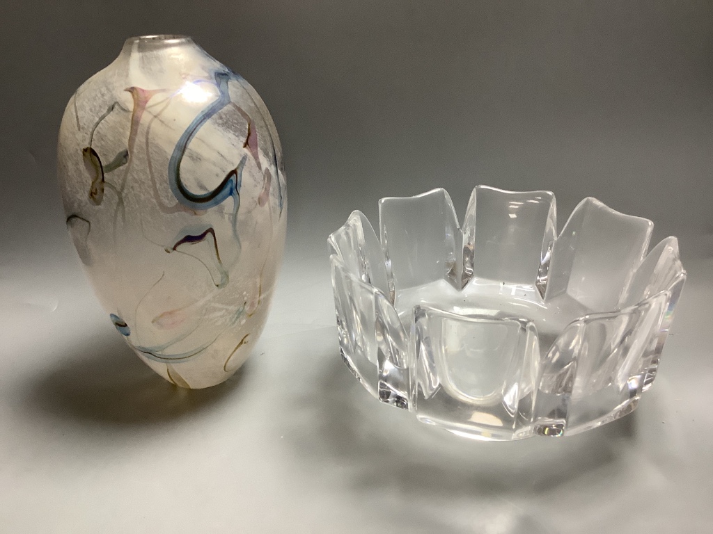 An Orrefors glass bowl, a Whitefriars bowl and two others, largest 25cm